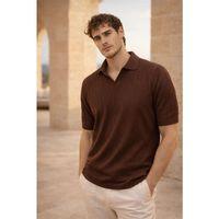 Nestor Saç Örgü Desenli Polo Yaka Regular Fit Örme İnce Triko Erkek T-Shirt - Kahve