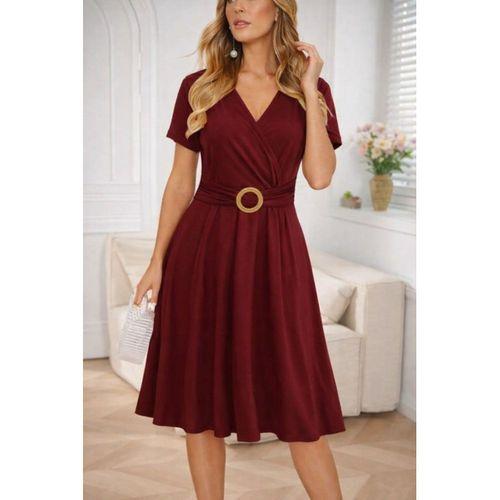 Kadın Kısa Kollu Kruvaze Yakalı önden Toka Detaylı Kısa Viskon Elbise