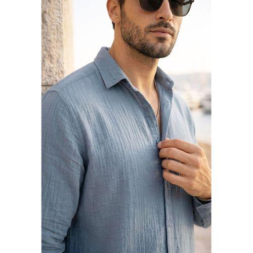 Nefes Alabilir Yarım Oversize Müslin Kumaş Uzun Kol Yakalı Erkek Gömlek - Soğuk Mavi