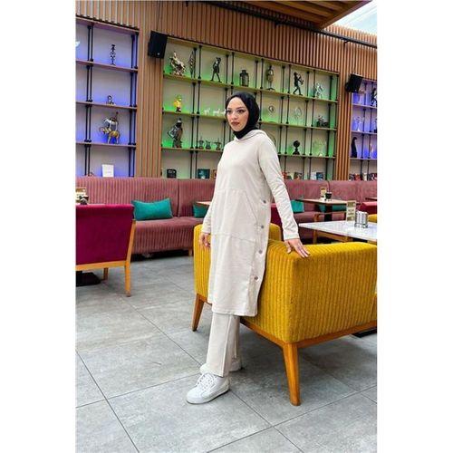 Kapşonlu Yandat Çıtçıtlı Sade Basic Uzun Tunik ve Pantolon İkili Spor Takım - 03071.027 - Ekru