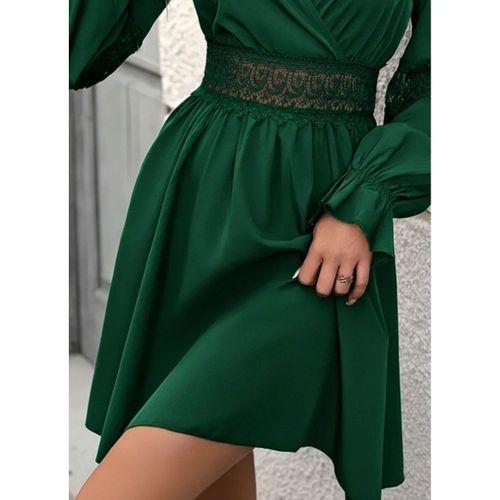 Kadın Uzun Kollu Kruvaze Yakalı Dantelli Fermuar Detaylı Mini Ithal Krep Elbise