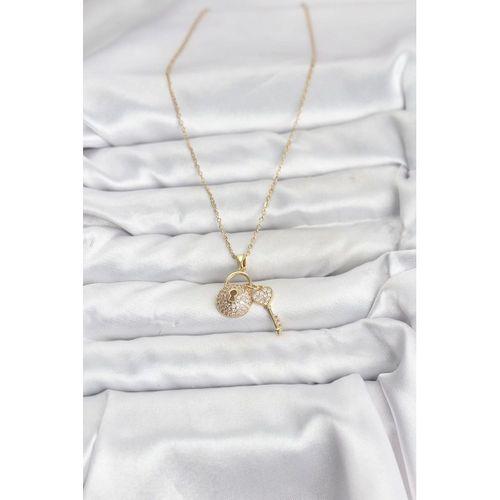 316L Çelik Zincir Gold Renk Kilit Anahtar Model Zirkon Taşlı Kadın Kolye