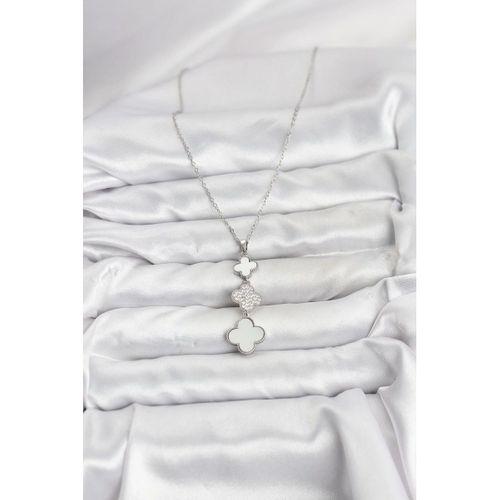 316L Çelik Zincir Gümüş Renk Yonca Detaylı Zirkon Taşlı Kadın Kolye