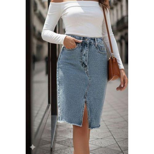 Kadın Elastik Bel Yırtık Kenar Detaylı Kot Etek