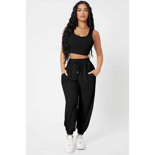 Kadın Siyah Premium Görünümlü Kaşkorse Cepli Jogger Eşofman Altı Ve Crop Top Bluz Takımı