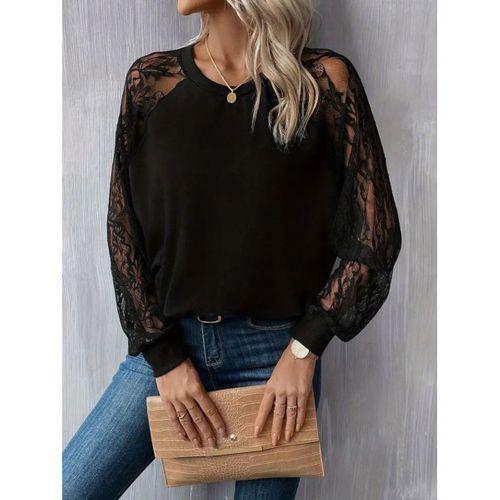 Kadın Uzun Dantel Kollu Bisiklet Yaka Viskon Bluz