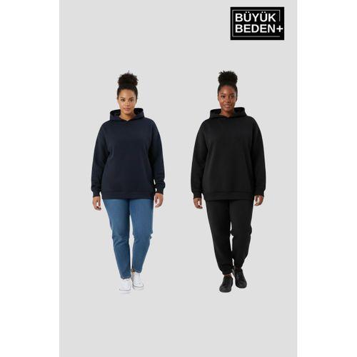 Kadın Büyük Beden 2  li Set Kapşonlu Kollar Ve Etek Ribanalı ince Swatshırt SPR26BSWK957+2