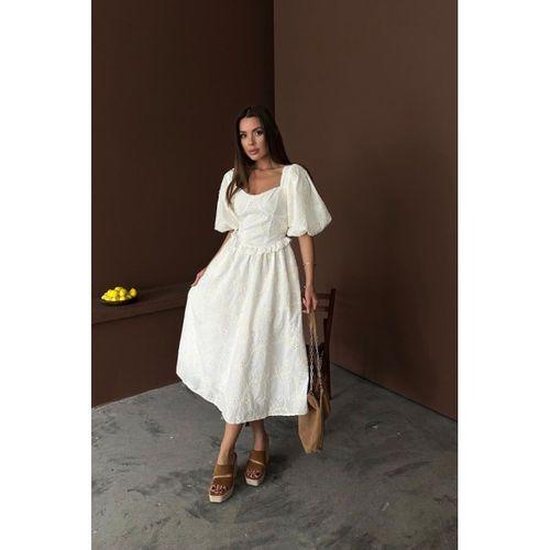 Ekru Balon Kollu Dantelli Brode Elbise