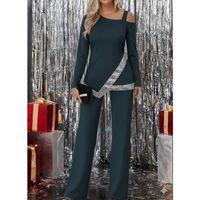 Kadın Tek Omuzdan Açık Uzun Kollu önü Pulpayet Ithal Krep Bluz Ve Pantolon