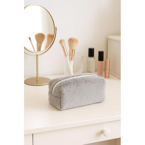 Peluş Yumuşacık Makyaj Çantası - Kozmetik Organizeri Gri