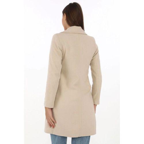 Kaşe Kaban – Siyah Yünlü Dokuma, Kruvaze Yaka, Astarlı, Cepli, Kuşaklı Uzun Boy Tesettür Uyumlu Kışlık Şık Kaban - Bej