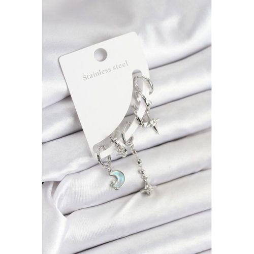 Pirinç Gümüş Renk Ay Model Kadın Set Küpe