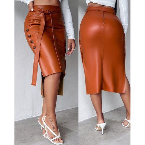 Kadın Yüksek Bel Kuşaklı Yanlardan Düğmeli Mini Deri Etek