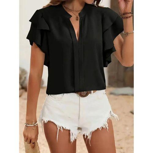 Kadın Kısa Kollu V Hakim Yaka Kolları Fırfırlı Dubai Bluz