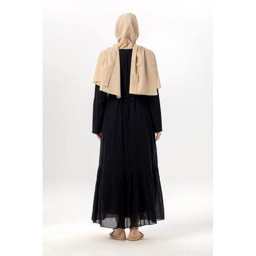 Uzun Kol Zühre Nakış Detaylı Bağcık Yaka Cepli Vual Uzun Elbise Siyah Syh