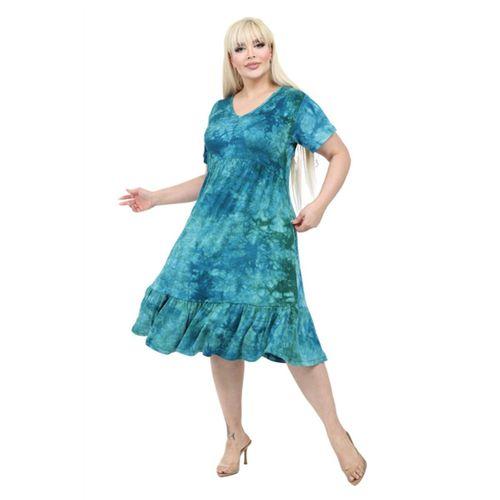 Melsay Butik Göğüsten Robalı V Yaka Kısa Kollu Turkuaz Batik Yıkama Cepli Elbise