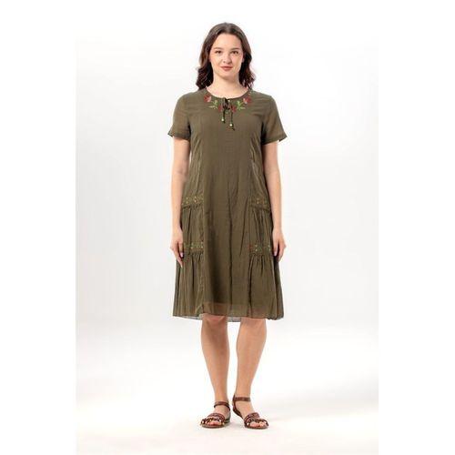 Kısa Kol Aynur Bisiklet Yaka Cepli Yazlık Vual Kısa Elbise Haki Hk