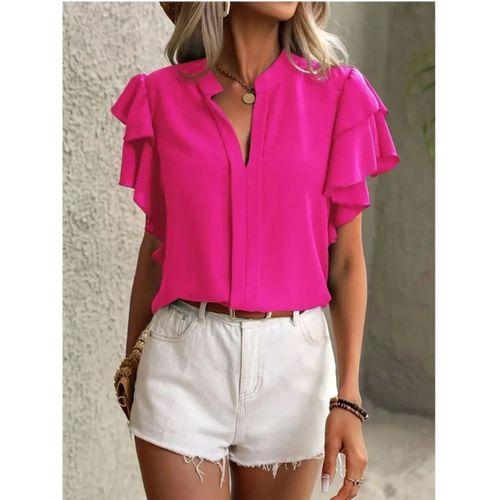 Kadın Kısa Kollu V Hakim Yaka Kolları Fırfırlı Dubai Bluz