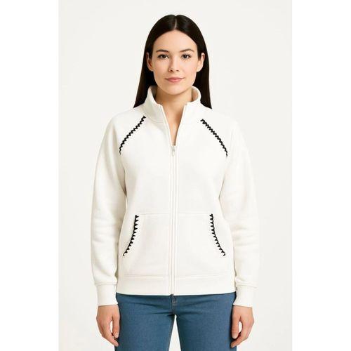 Oversize Dik Yaka Fermuarlı Sweatshirt - Zincir Nakışli Kanguru Cepli, - Beyaz
