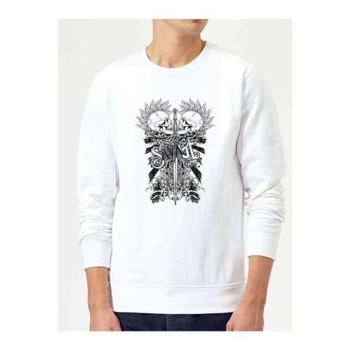 Savage Logosu Tişört İllüstrasyon İki Kılıcı Baskılı Beyaz Erkek Sweatshirt