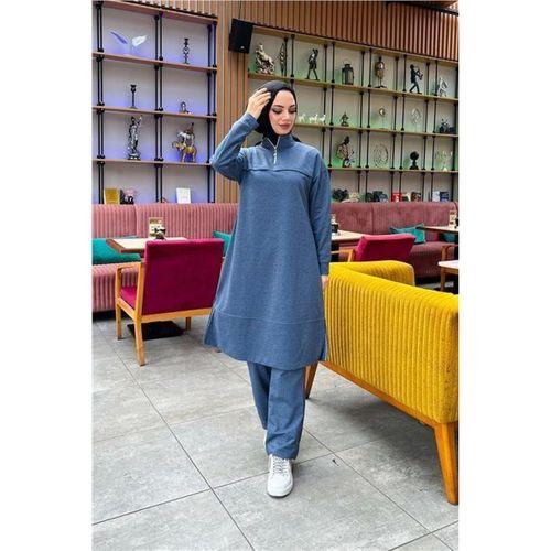 Dik Yaka Kısa Fermuarlı Yırtmaçlı Sade Basic Uzun Tunik ve Pantolon İkili Spor Takım - 03062.006 - İndigo