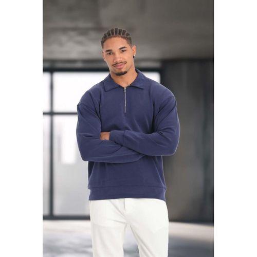 Scuba Modal Kumaş Relaxed Fit Yarım Fermuarlı Polo Yaka Erkek Sweatshirt - Lacivert
