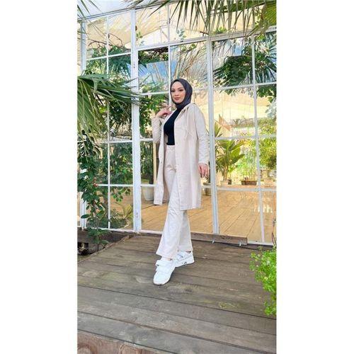 Çıtçıtlı Kapşonlu Uzun Tunik Pantolon İkili Tesettür Eşofman Takımı - 03078.027 - Ekru
