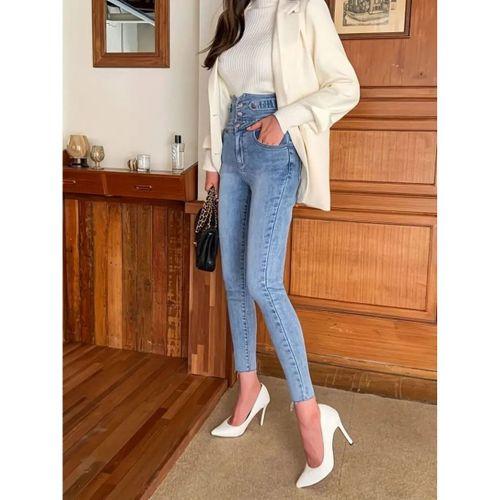 Kadın Yüksek Bel önden Düğmeli Cepli Dar Kesim Detaylı Kot Pantolon