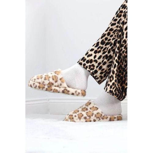 pilelistore Leopar Desenli Peluş Terlik Sütlükahve
