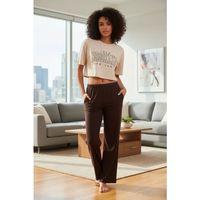 Kadın Kum Kahve Baskılı Crop T-shirt Ve Pantolon Takım Rahat Günlük Kombin