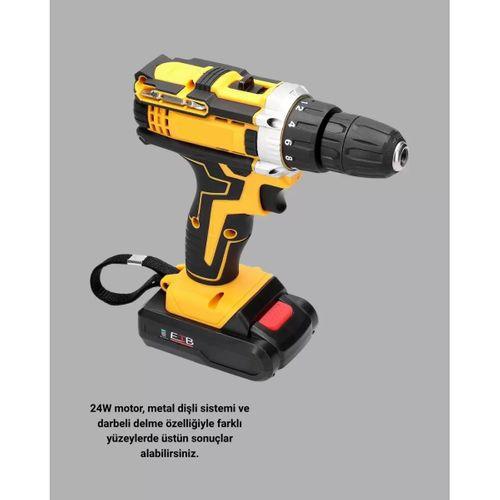 24 Parça Çift Bataryalı Akülü Darbeli Matkap – Güçlü Motor, Metal Dişli, Led Işıklı