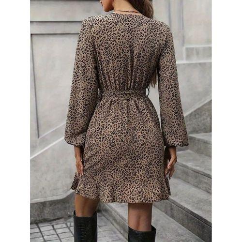Kadın Uzun Kollu Kruvaze Yakalı Kuşaklı Desenli Kısa Modal Mini Elbise