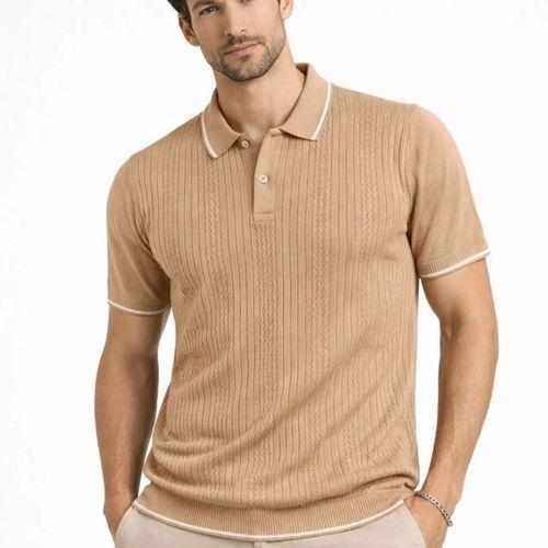 Erkek Düğmeli Yaka Triko Dokuma Tişört Desenli Yazlık Şık Günlük Triko Tişört - Kahverengi