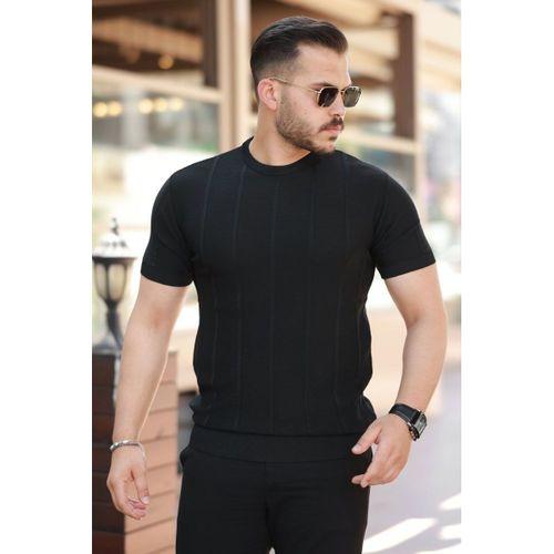 Erkek Desenli çizgi Kabartmalı Kısa Kollu Tişört