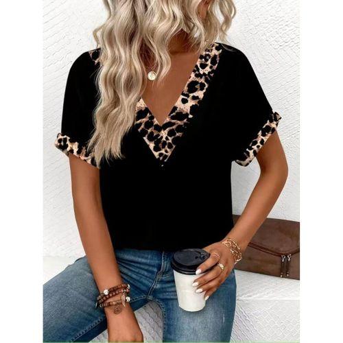 Kadın Kısa Kollu V Leopar Yakalı Viskon Bluz