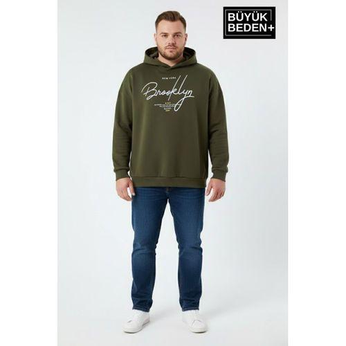 Erkek Büyük Beden Kapşonlu El Yazılı Brooklyn Baskılı İnce Swatshırt SPR25BSW958