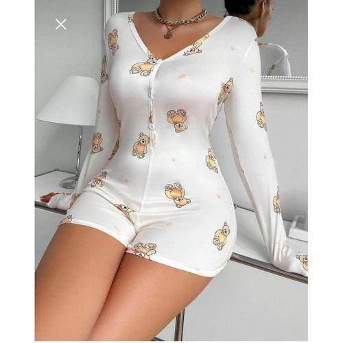 Pamuklu Beyaz Ayıcık Desenli Düğmeli Uzun Kol Tulum Pijama