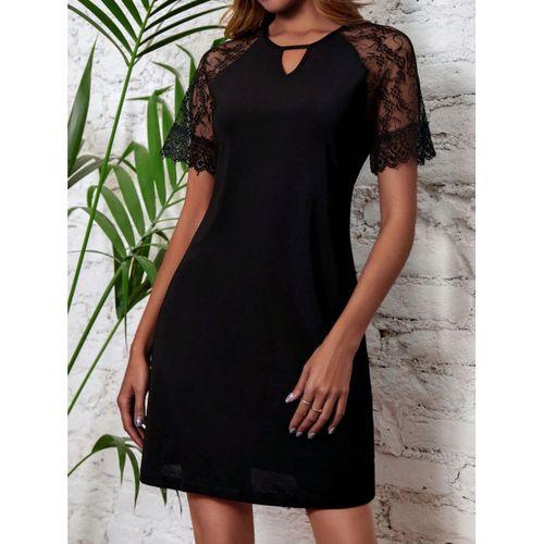 Kadın Dantelli Kısa Kollu Damla Yaka Krep Elbise