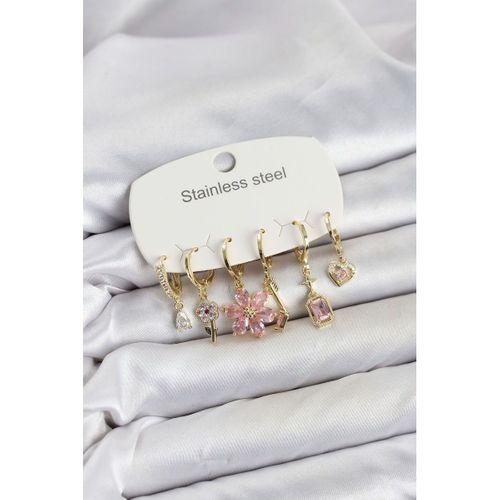 316L Çelik Gold Renk Pembe Zirkon Taşlı Lotus Detaylı Kadın Küpe Seti