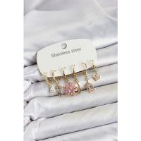 316L Çelik Gold Renk Pembe Zirkon Taşlı Lotus Detaylı Kadın Küpe Seti