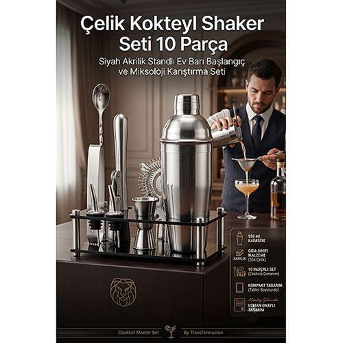 550 ml Kokteyl Shaker Seti 10 Parça Siyah Akrilik Standlı Profesyonel Paslanmaz Çelik  ev Barı Başlangıç ve Miksoloji Karıştırma Seti