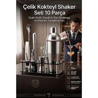 550 ml Kokteyl Shaker Seti 10 Parça Siyah Akrilik Standlı Profesyonel Paslanmaz Çelik  ev Barı Başlangıç ve Miksoloji Karıştırma Seti