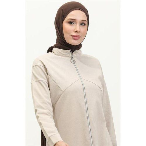 Göğüsten Detaylı Fermuarlı Sade Basic Eşofman Spor İkili Takım - 03063.027 - Ekru