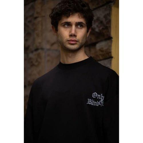 Unisex Bisiklet Yaka Baskılı Oversize T-Shirt - Siyah