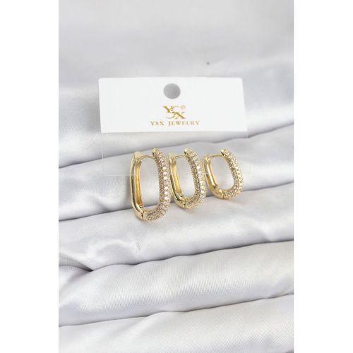 Pirinç Gold Renk Zirkon Taşlı Halka Model YSX Trio Küpe Seti - TJ-BKP11570