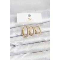 Pirinç Gold Renk Zirkon Taşlı Halka Model YSX Trio Küpe Seti - TJ-BKP11570