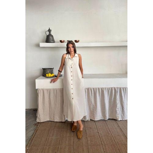 KETEN ÖNDEN DÜĞMELİ KOLSUZ GÖMLEK YAKA ELBİSE - Beyaz