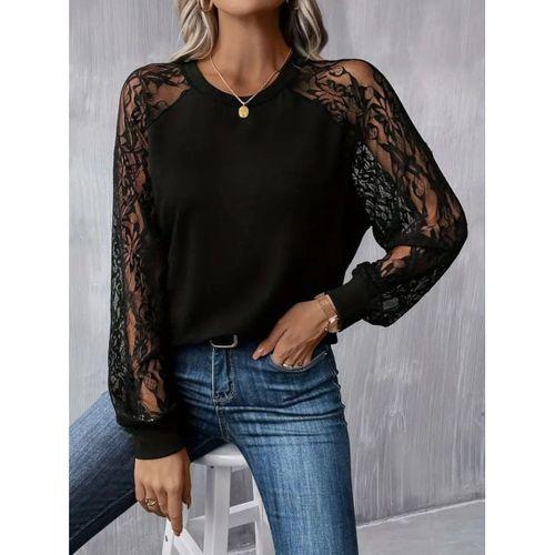 Kadın Uzun Dantel Kollu Bisiklet Yaka Viskon Bluz