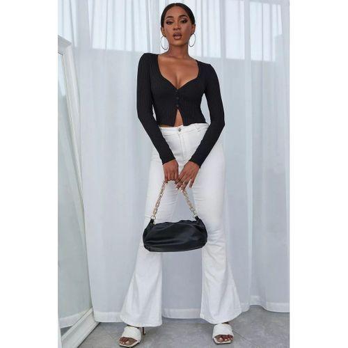 Kadın Siyah Uzun Kollu Düğmeli Göğüs Ve Göbek Dekolteli Crop Top Bluz