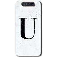 Samsung Galaxy A80 HD Baskılı Kılıf + 9D Tam Ekran Koruyucu - Beyaz Mermer Desenli U Harfi